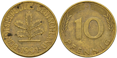 ФРГ 10 пфеннигов 1991 J J. 383, KM 108 сталь плакированная латунью    4603-636