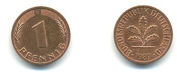 ФРГ 1 ПФЕННИГ 1989 G KM 105, J.380 сталь плакированная медью 176-662