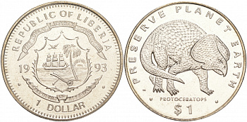 Либерия 1 доллар 1993 серия динозавры, протоцератопс KM 98 медно-никель UNC M20-4
