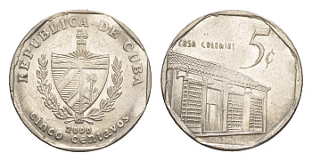 Куба 5 сентаво 2000 Casa Colonial KM 575.2, Schoen 713, JMA MC19 сталь плакированная никелем 4644-722