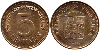 Венесуэла 5 сентимо 1976 KM 49 сталь плакированная медью 4392-937