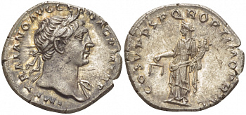 Римская Империя денарий 107 - 111 Траян, IMP TRAIANO AVG GER DAC P M TR P, голова императора в лавровом венке / COS V P P SPQR OPTIMO PRINC, Эквитата, персонификация Равенства, Рим, 3,26 гр, Extremely fine RIC 119 серебро 00-000-00