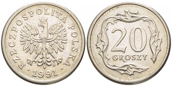 Польша 20 грошей 1991 MW KM 280 медно-никель 112-1248