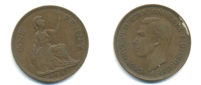 Великобритания 1 пенни 1937 Георг VI (1936-1952) KM 845, Spink 4114 бронза 89-123
