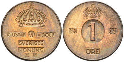 Швеция 1 эре 1963 Густав VI Адольф (1950-1973) KM 820 бронза 4580-1062