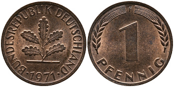 ФРГ 1 ПФЕННИГ 1971 F KM 105, J.380 сталь плакированная медью 96-1065