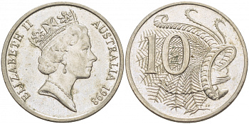 Австралия 10 центов 1998 Елизавета II (1952-), птица лирахвост KM 81 медно-никель 3457-656