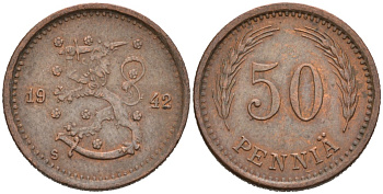 ФИНЛЯНДИЯ 50 ПЕННИ 1942 S KM 26a медь 192-1123
