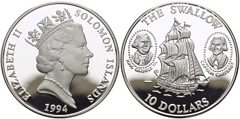 Соломоновы острова 10 долларов 1994 парусник, HMS Swallow, Филипп Картерет, король Георг III KM 52 серебро PROOF 1078-7-31