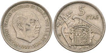 Испания 5 песет 1957 (74) Франсиско Франко (1939 - 1975) KM 786 медно-никель 4155-614