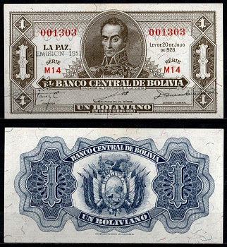 Боливия 1 боливиано 1928 (1951-1952) надпечатка EMISION 1951 Pick 128 b бумага UNC (пресс) 6280-20-1-2