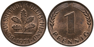 ФРГ 1 ПФЕННИГ 1971 F KM 105, J.380 сталь плакированная медью 96-1065