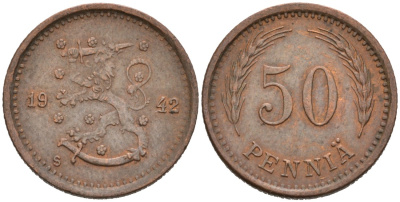 ФИНЛЯНДИЯ 50 ПЕННИ 1942 S KM 26a медь 192-1123