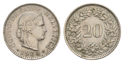 Швейцария 20 раппенов 1964 B KM 29a медно-никель 4625-1126