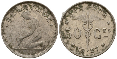 Бельгия 50 сантимов 1927 Belgique KM 87 никель 105-647
