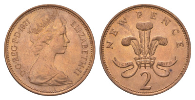 Великобритания 2 пенса 1971 Елизавета II (1952-2022) KM 916, Spink 4235 (C1) бронза UNC 4628-755
