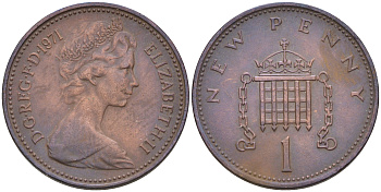 Великобритания 1 пенни 1971 Елизавета II (1952-2022) KM 915, Spink 4237 (B1) бронза    4147-352