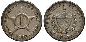 Куба 1 сентаво 1946 звезда, первая Республика (1902-1961) KM 9.2 медно-никель 4549-931