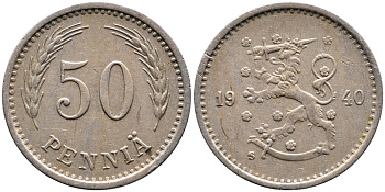 ФИНЛЯНДИЯ 50 ПЕННИ 1940 S KM 26 медно-никель 4387-525
