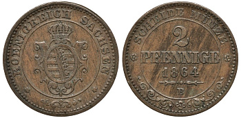 Саксония 2 пфеннига 1864 В, Иоганн (1854-1873) KM 1217, Jaeger 121, AKS 155 медь 4556-946