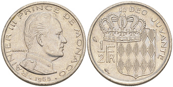 Монако 1/2 франка 1965 Ренье III (1949-2005) KM 145 никель 190-521