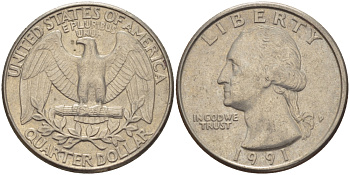 США 25 ЦЕНТОВ = КВОТЕР 1991 Р, ВАШИНГТОН KM А164а медь плакированная медно-никелем 31-811