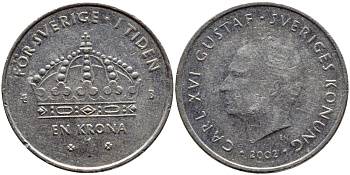 Швеция 1 крона 2002 Карл XVI Густав (1973- ) KM 894 медно-никель 4364-711
