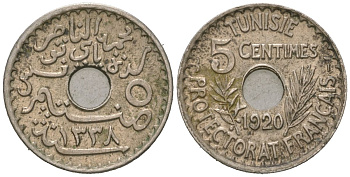 Тунис 5 сантимов 1920 A KM 242 никель латунь     aUNC 4615-535