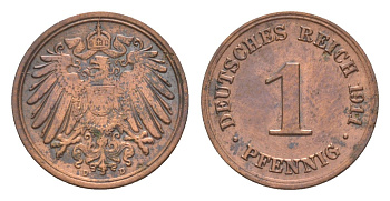 Германия 1 пфенниг 1911 D, Вильгельм II (1888-1918) KM 10, J. 10 медь 4639-1142