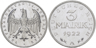 Германия 3 марки 1922 A, третья годовщина Веймарской Конституции KM 29, J. 303 алюминий PROOF 00-814-29