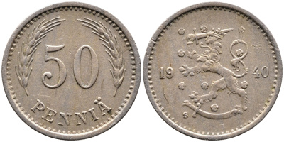 ФИНЛЯНДИЯ 50 ПЕННИ 1940 S KM 26 медно-никель 4387-525