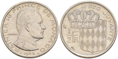 Монако 1/2 франка 1965 Ренье III (1949-2005) KM 145 никель 190-521