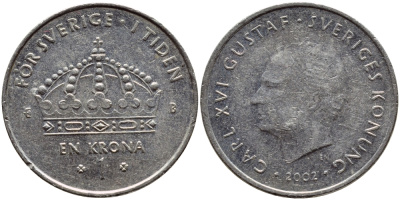 Швеция 1 крона 2002 Карл XVI Густав (1973- ) KM 894 медно-никель 4364-711