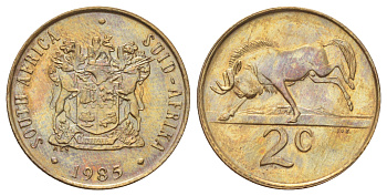 ЮАР 2 цента 1985 герб, антилопа гну KM 83 бронза UNC 4695-1051