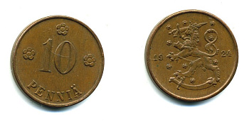 Финляндия 10 пенни 1924 республика (1918-1962) KM 24 медь 46-2229