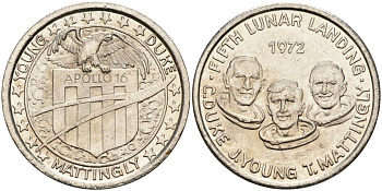 США жетон ND Аполлон 16, пятая высадка людей на Луну, C. Duke, J.Young, T.Mattingly, диаметр 26 мм. белый металл 4572-812