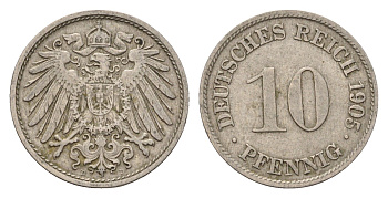 Германия 10 пфеннигов 1905 D, Вильгельм II (1888-1918) KM 12, J. 13 медно-никель 4636-854