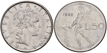 Италия 50 лир 1982 R, бог Вулкан у наковальни KM 95.1 нержавеющая сталь 4156-744