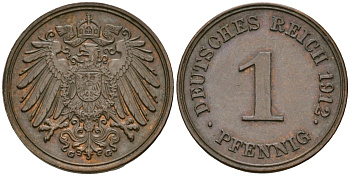 Германия 1 пфенниг 1911 G, Вильгельм II (1888-1918) KM 10, J. 10 медь 1524-914