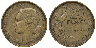 Франция 20 франков 1952 петух, 4 пера KM 917.1, Le Franc 402.9 алюминиевая бронза 4128-534