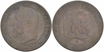 ФРАНЦИЯ 5 САНТИМОВ 1862 A, НАПОЛЕОН III (1852-1870) KM 797.1, LE FRANC 117.5 бронза 108-523