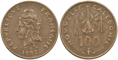 Французская Новая Каледония 100 франков 1997 хижина среди сосен и пальм, (IEOM) KM 15, Schoen 16, Lec 139a никель бронза 88-1216