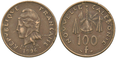 Французская Новая Каледония 100 франков 1996 хижина среди сосен и пальм, (IEOM) KM 15, Schoen 16, Lec 139 никель латунь 4140-935