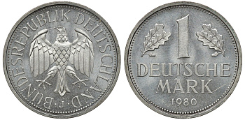 ФРГ 1 МАРКА 1980 J J 385, KM 110 медно-никель aUNC 72-915