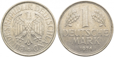 ФРГ 1 МАРКА 1974 G KM 110, J. 385 медно-никель 3856-131