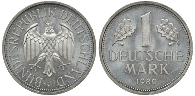 ФРГ 1 МАРКА 1980 J J 385, KM 110 медно-никель aUNC 72-915