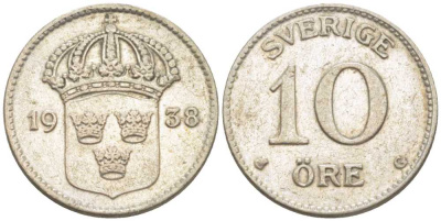 Швеция 10 эре 1938 G, Густав V (1907-1950) KM 780 серебро 116-1157