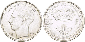 Бельгия 20 франков 1935 Леопольд III (1934-1950) KM 105 серебро 4512-1035