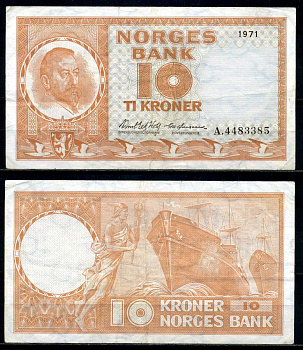 Норвегия 10 крон 1971 Кристиан Микельсен, шхуна, серия А, подписи: Wold & Qdegaard Pick 31f бумага 8621-39-3-1