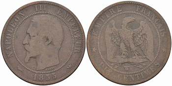 ФРАНЦИЯ 10 САНТИМОВ 1855 W, НАПОЛЕОН III (1852-1870) KM 771.7, LE FRANC 133.30 бронза 38-1115